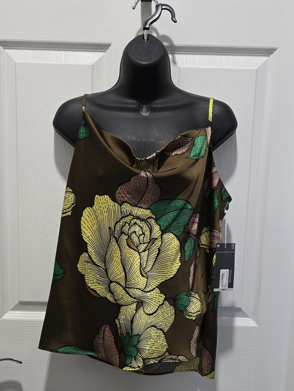 Worthington Brown Satin Floral Cowl Neck Camisole with Yellow & Green Print